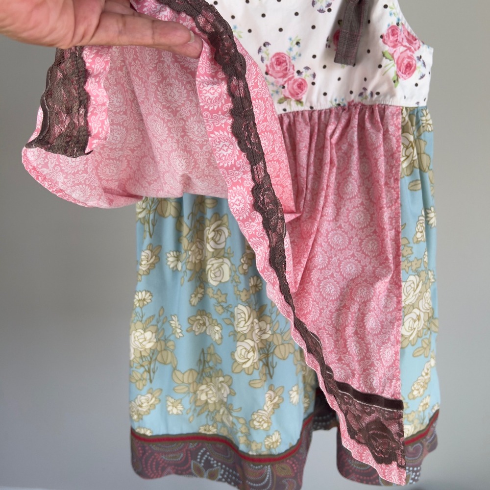 Matilda Jane Girls Size 10 Floral Patchwork Tiered Knot Dress Pink Blue Brown - Picture 4 of 12